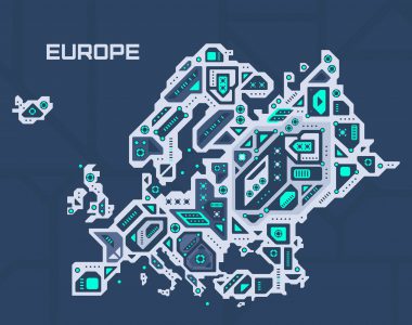 Abstract,Futuristic,Map,Of,Europe.,Mechanical,Circuit,Of,The,Region.